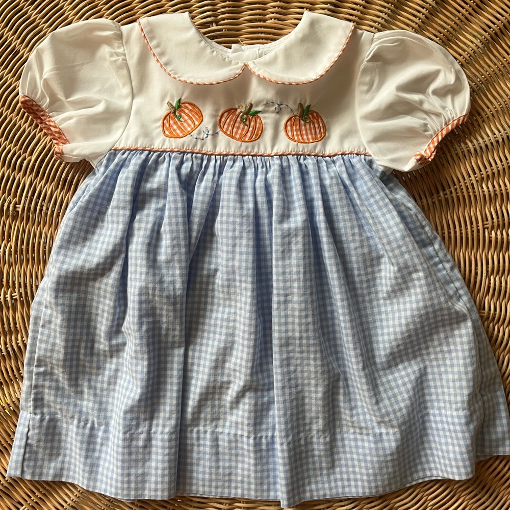 Petit Ami NWOT Pumpkin Embroidered Gingham Dress